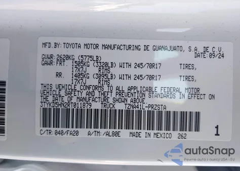 2024 Toyota Tacoma Sr 2Wd из США, поврежденный, VIN 3TYKD5HN2RT011879